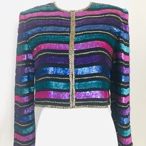 VINTAGE Sequined Silk Jacket Cropped Stripes Mint!